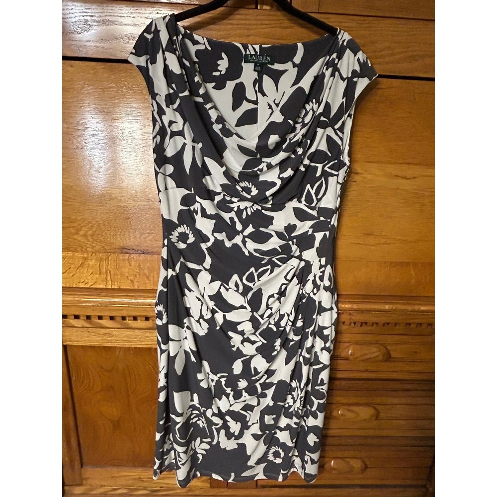 Lauren Ralph Lauren Gray White Floral‎ Cowl Neck Ruched Sheath Dress Womens 12